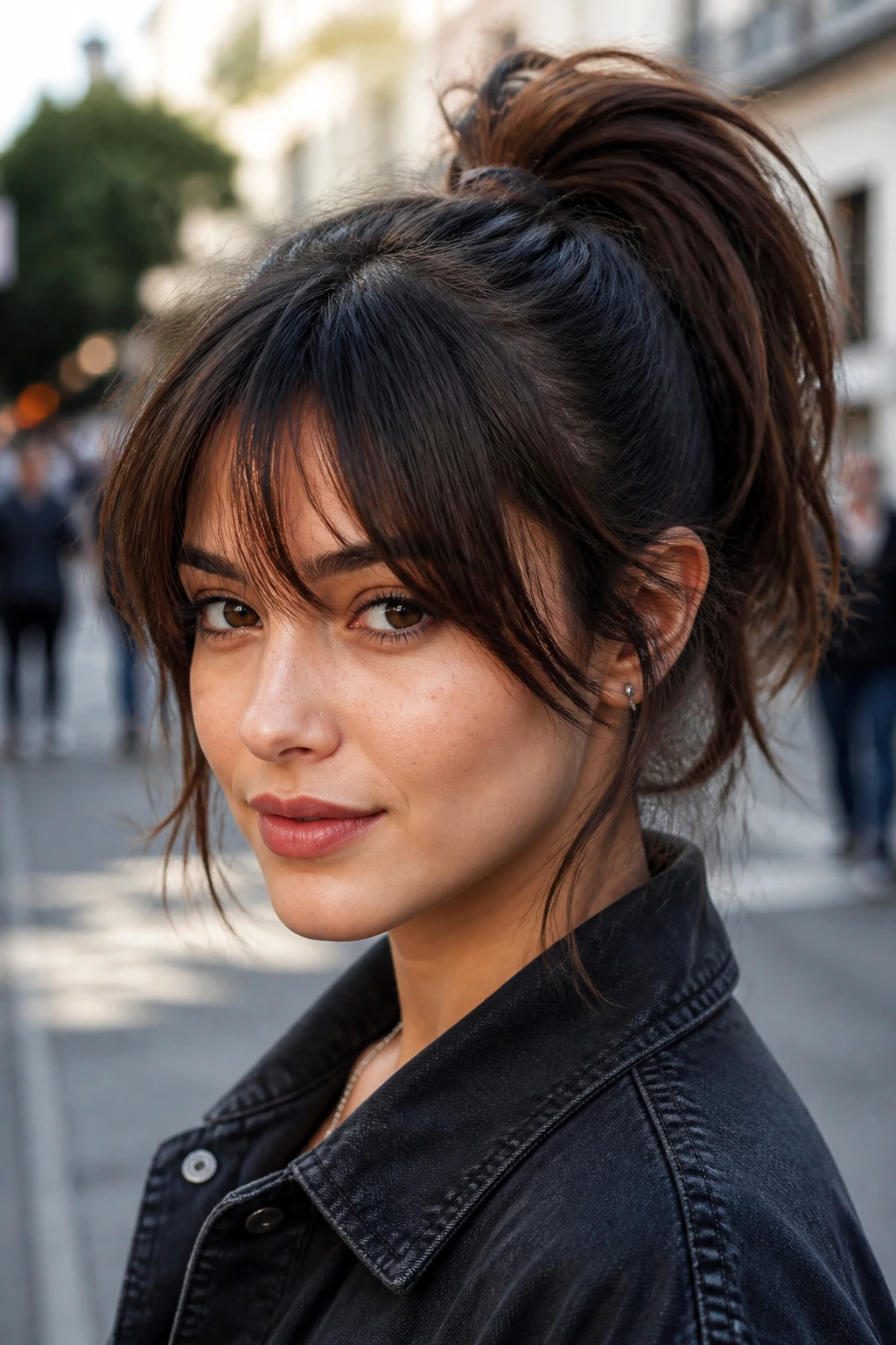 Real woman with a ponytail and choppy fringe