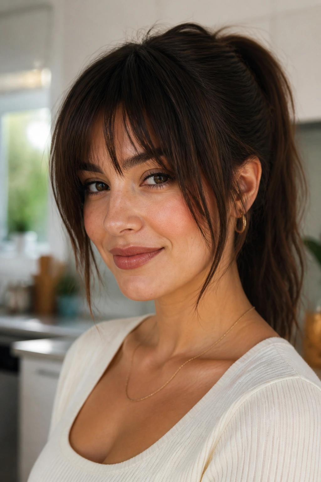 Close-up of a real woman with ponytail-friendly choppy bangs framing her face