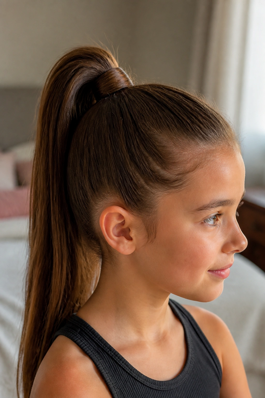 Close-up of a real girl with a classic high ponytail at the crown, smooth hair and neat finish