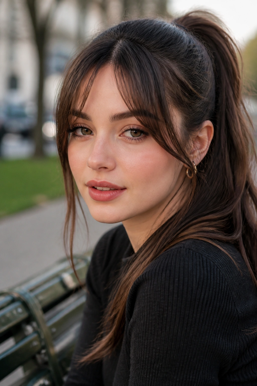 Close-up of a real woman with ponytail-friendly half bangs and a ponytail, soft framing