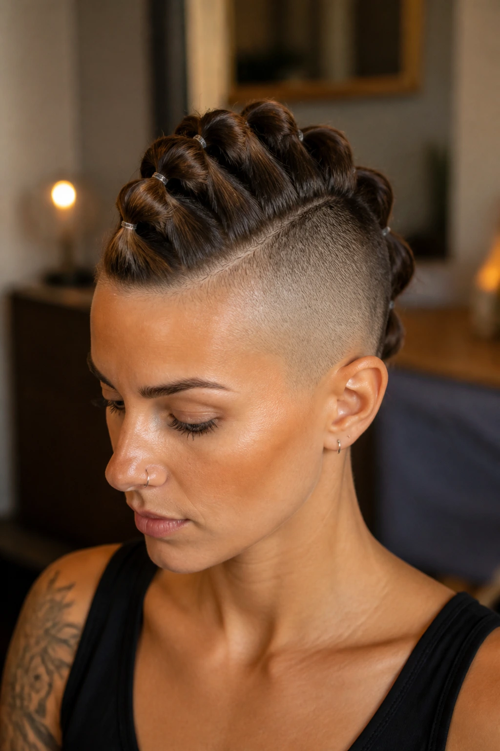 Close-up of a person with a center Mohawk formed into bubble ponytails.