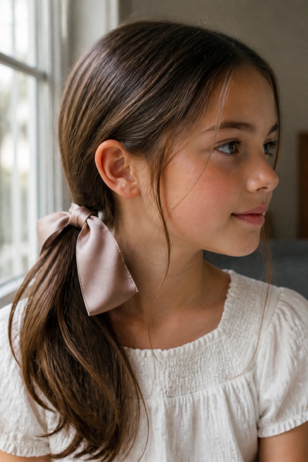 Close-up of a real girl wearing a low side ponytail with a wide satin ribbon