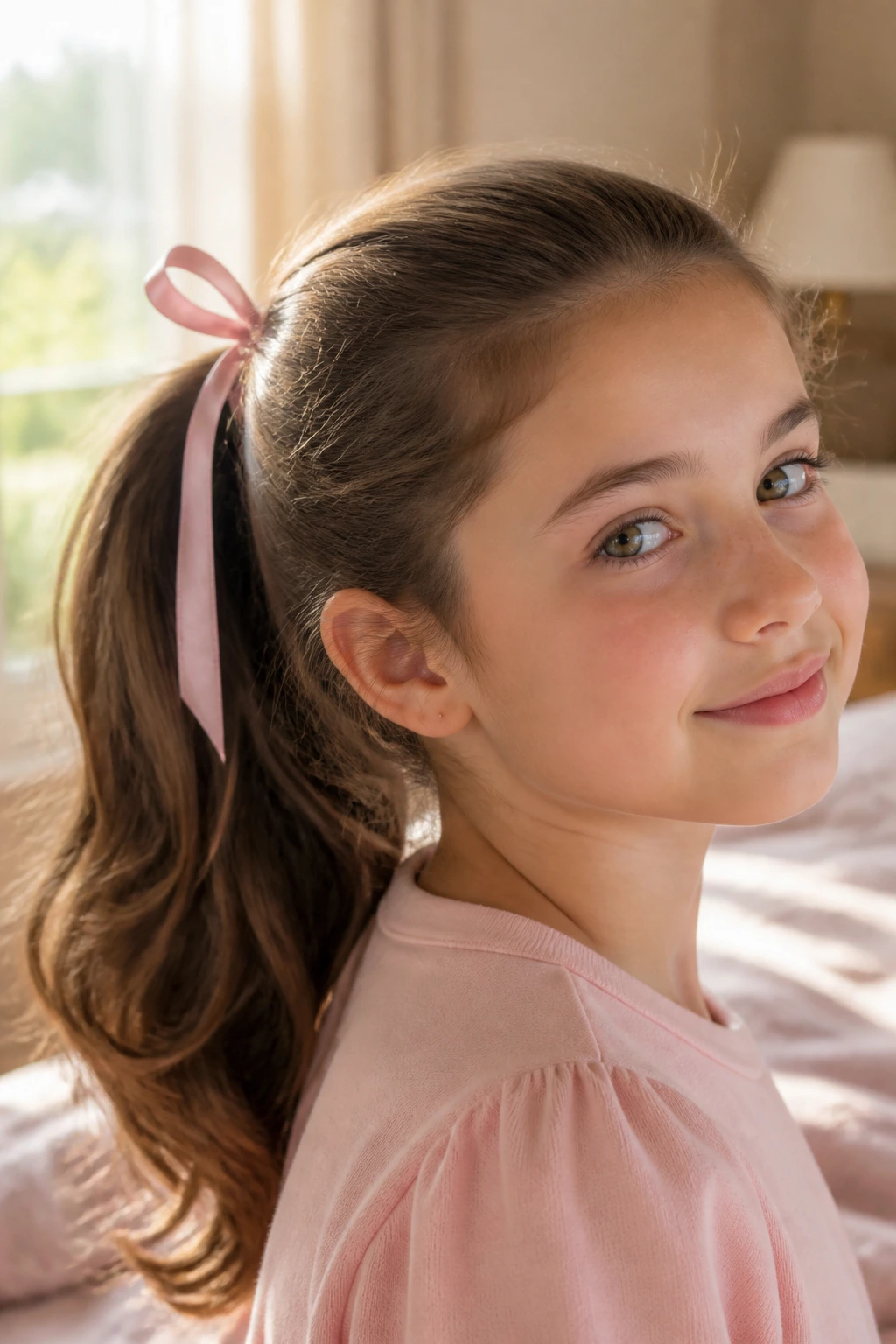 Close-up of a real girl with a satin ribbon tied ponytail in sunlit bedroom