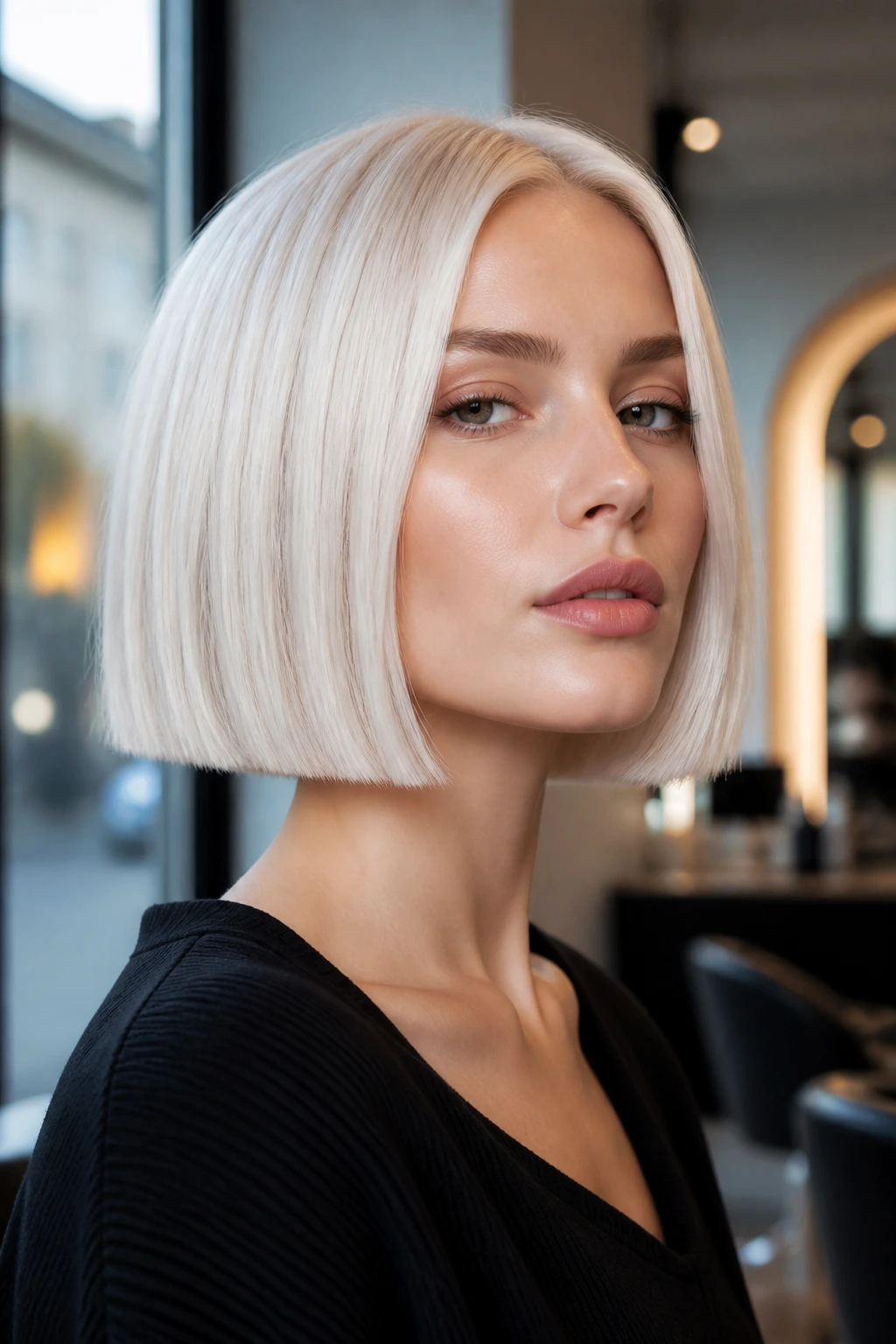 Close-up portrait of a woman with a porcelain blonde blunt bob