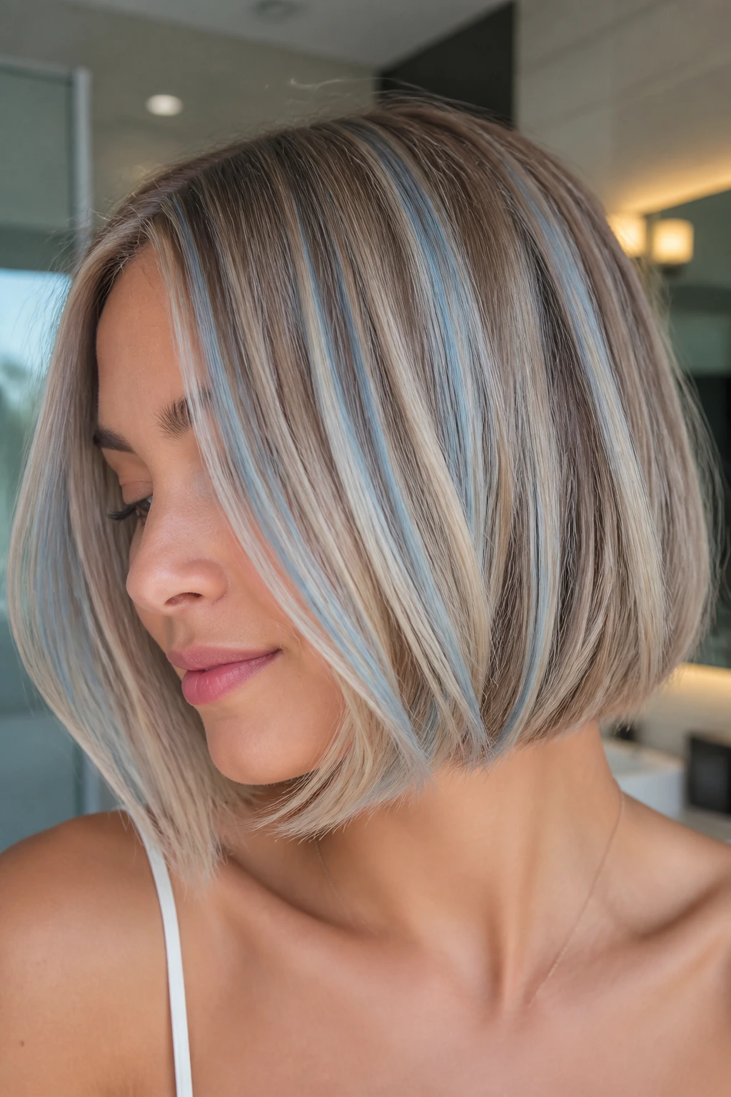 Bob-length hair with powder blue and beige babylights