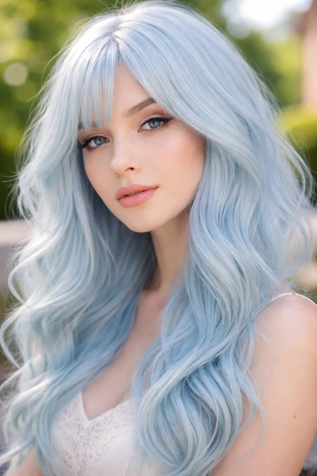 Close-up of powder blue hair on a real person in outdoor light