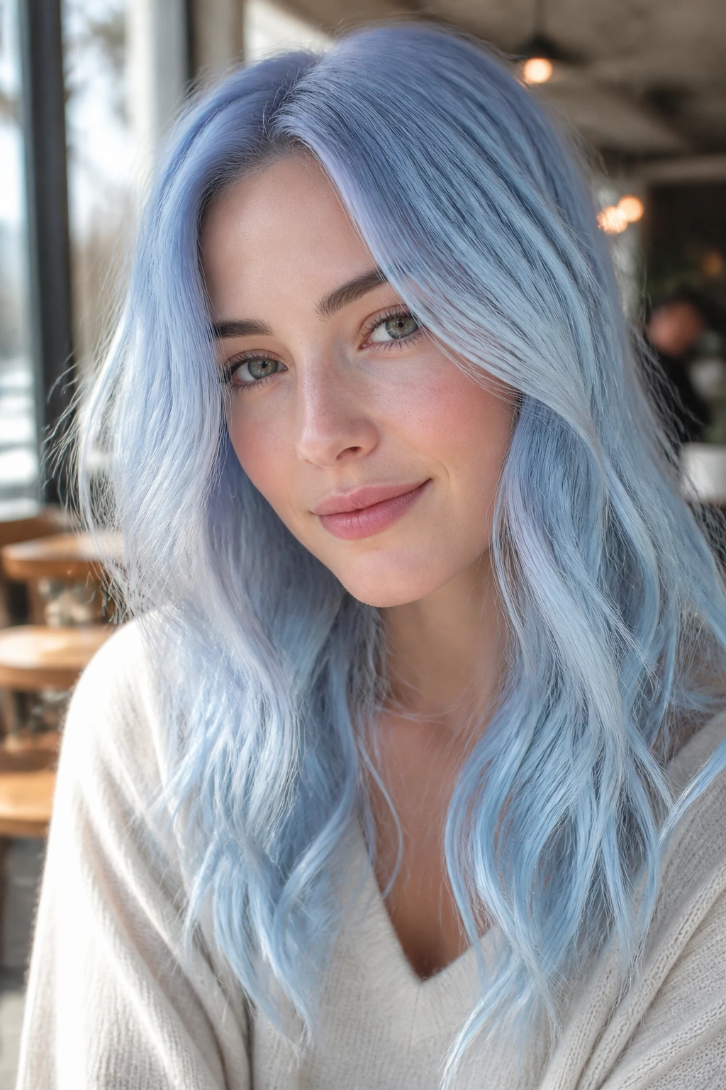 Close-up portrait of a woman with powder blue hair.