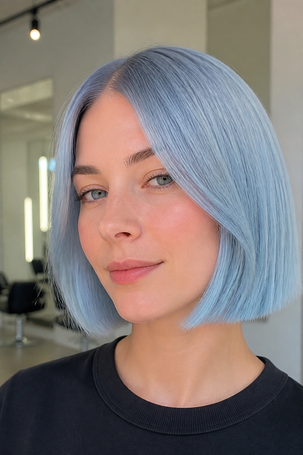 Portrait of a person with powder blue hair in a modern salon setting