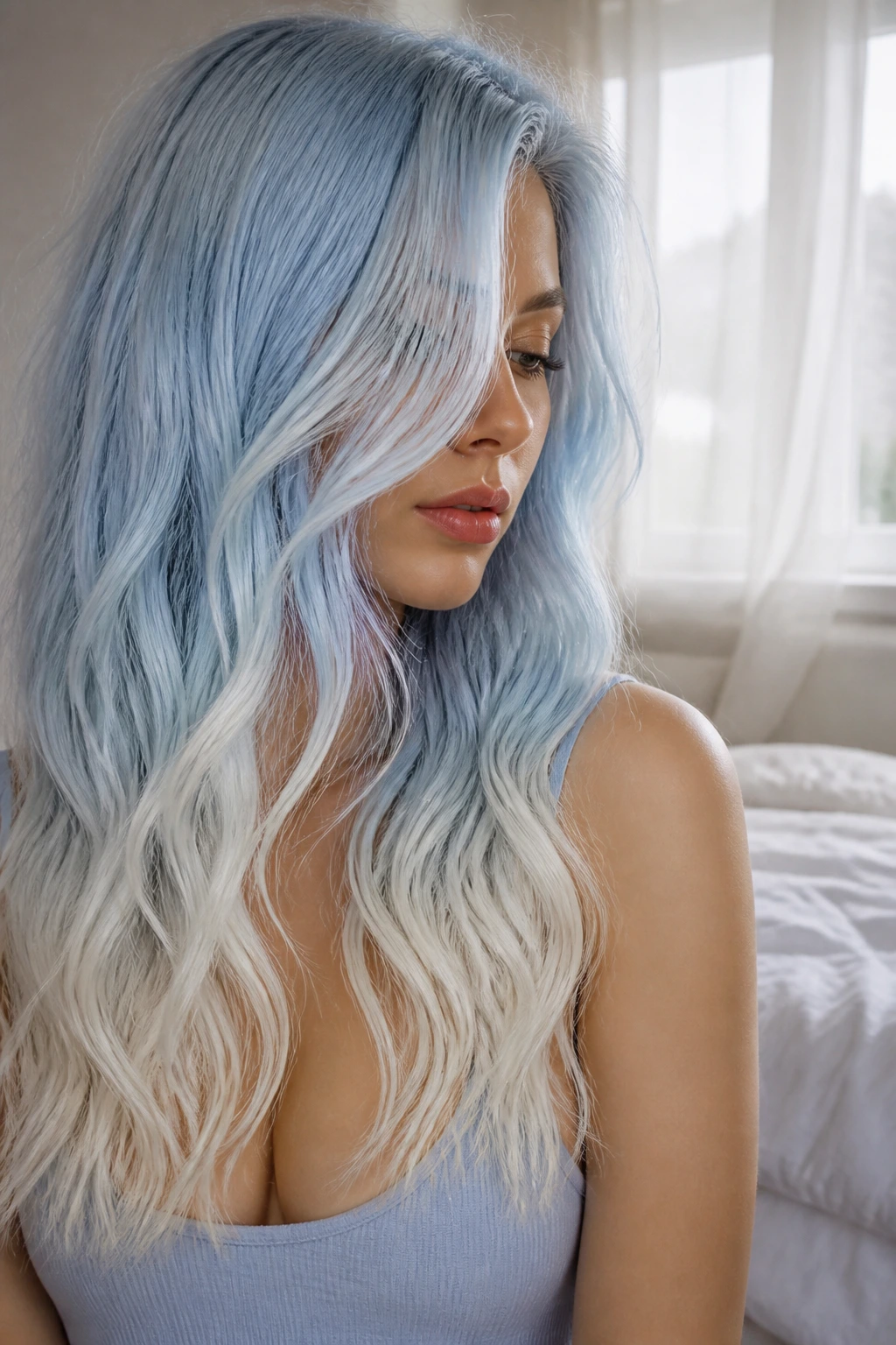Close-up of long hair powder blue fading to milk white with soft waves.