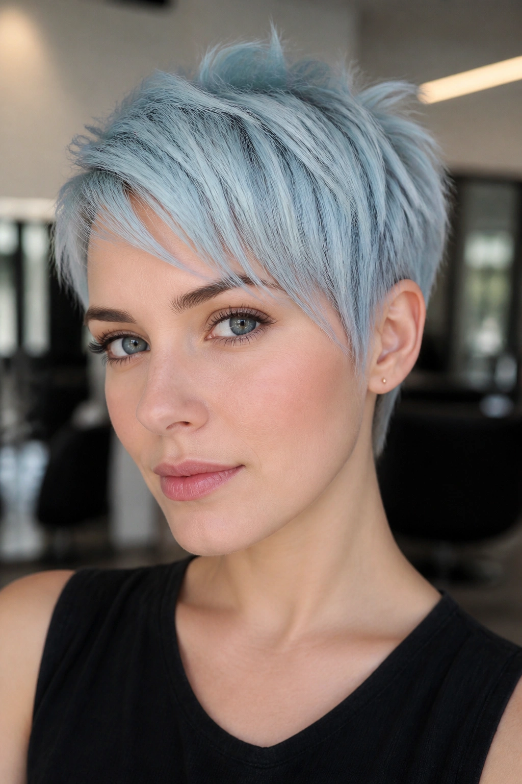 Close-up portrait of a real person with powder blue pixie in a softly lit salon