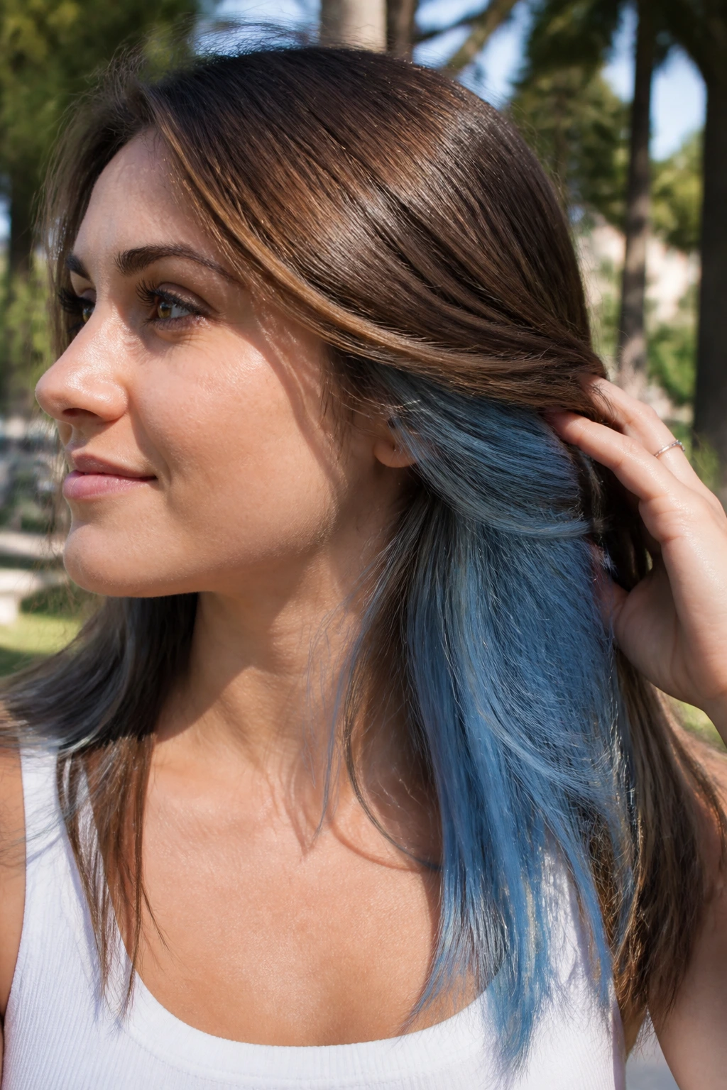 Close-up of brown hair with powder blue underlayers peeking from beneath