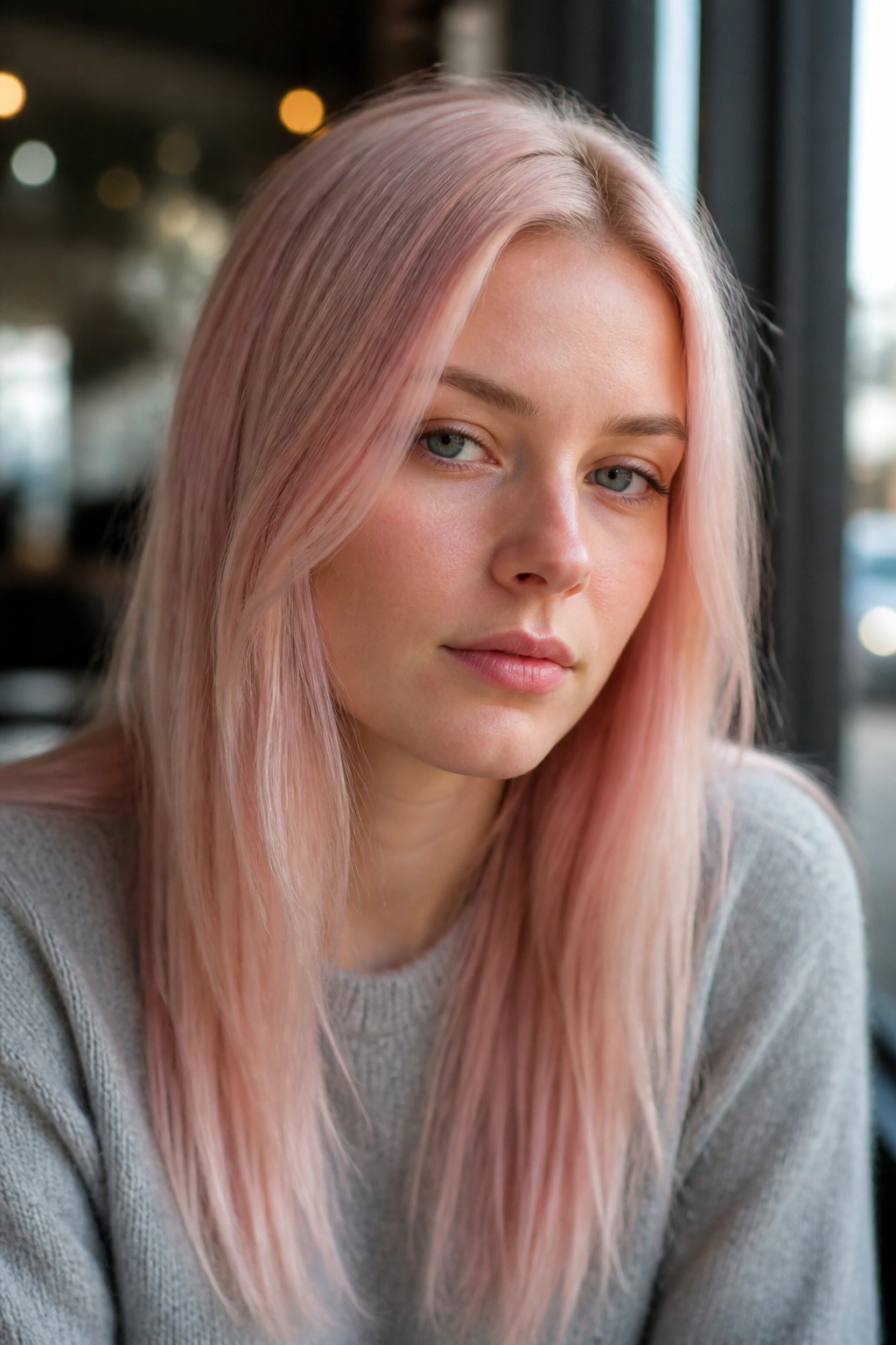 Close-up portrait of a real woman with powder pink blonde under natural daylight at a cafe window.