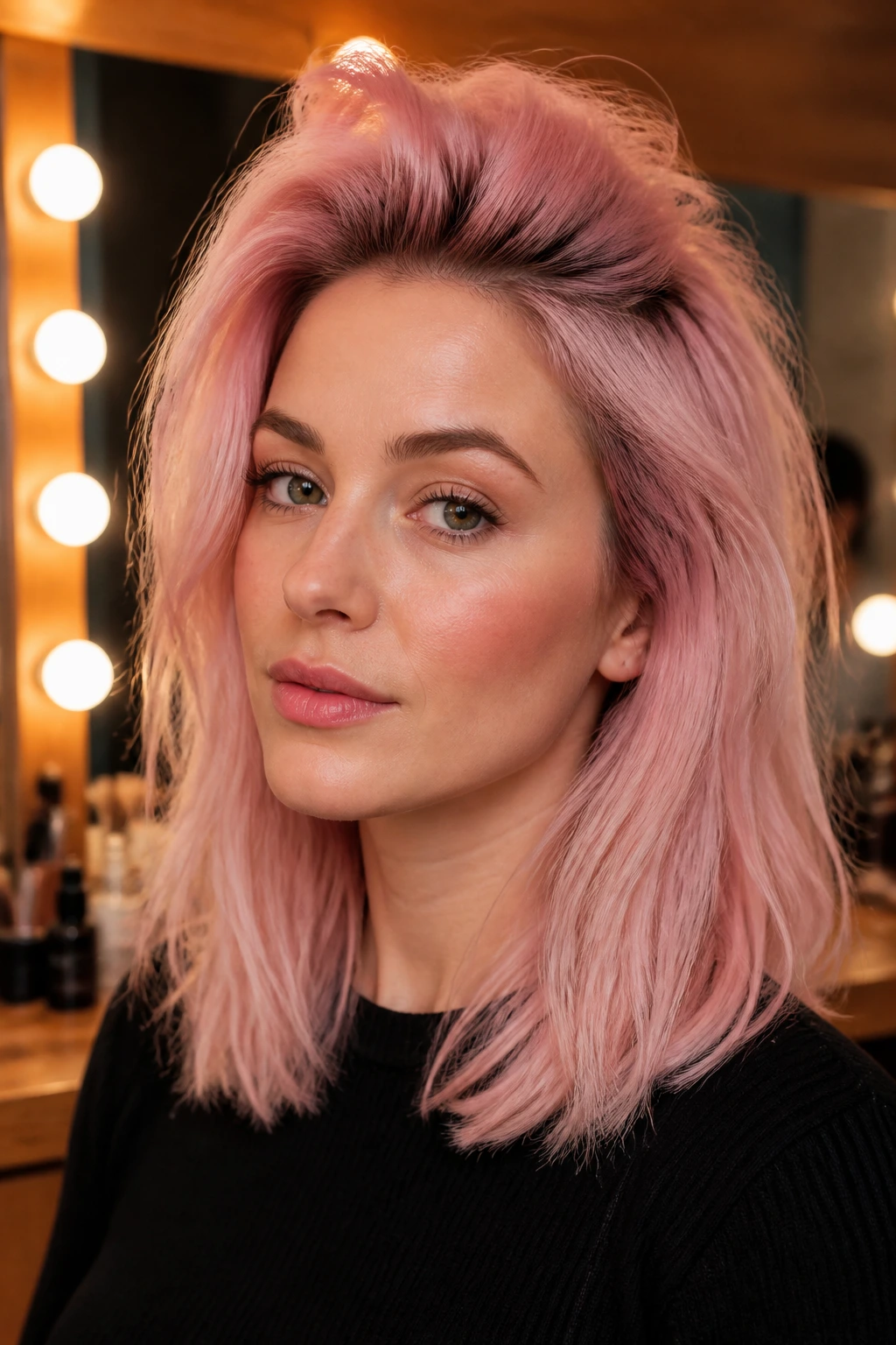 Close-up of a real person with powder pink hair and a high crown in a dressing room.