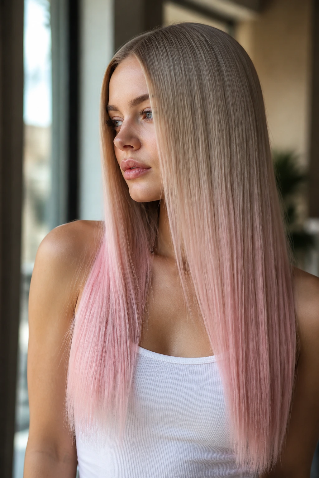 Close-up of a real woman with powder pink dip on the ends of straight, sleek hair.