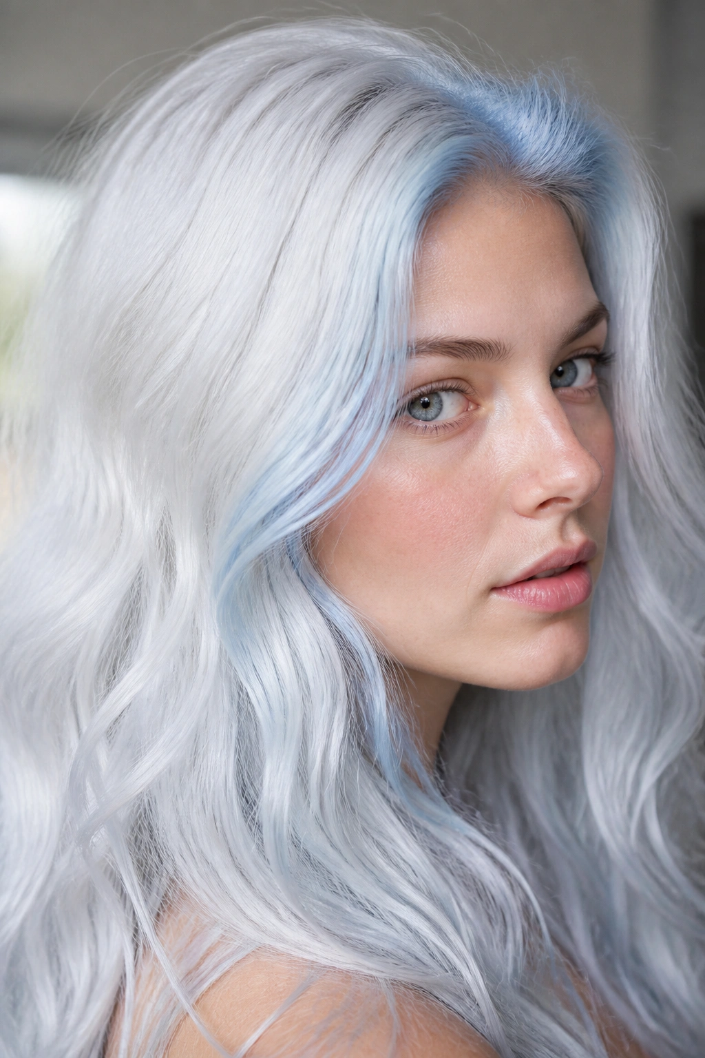 Close-up of powder white hair with blue gloss on a real person in soft light