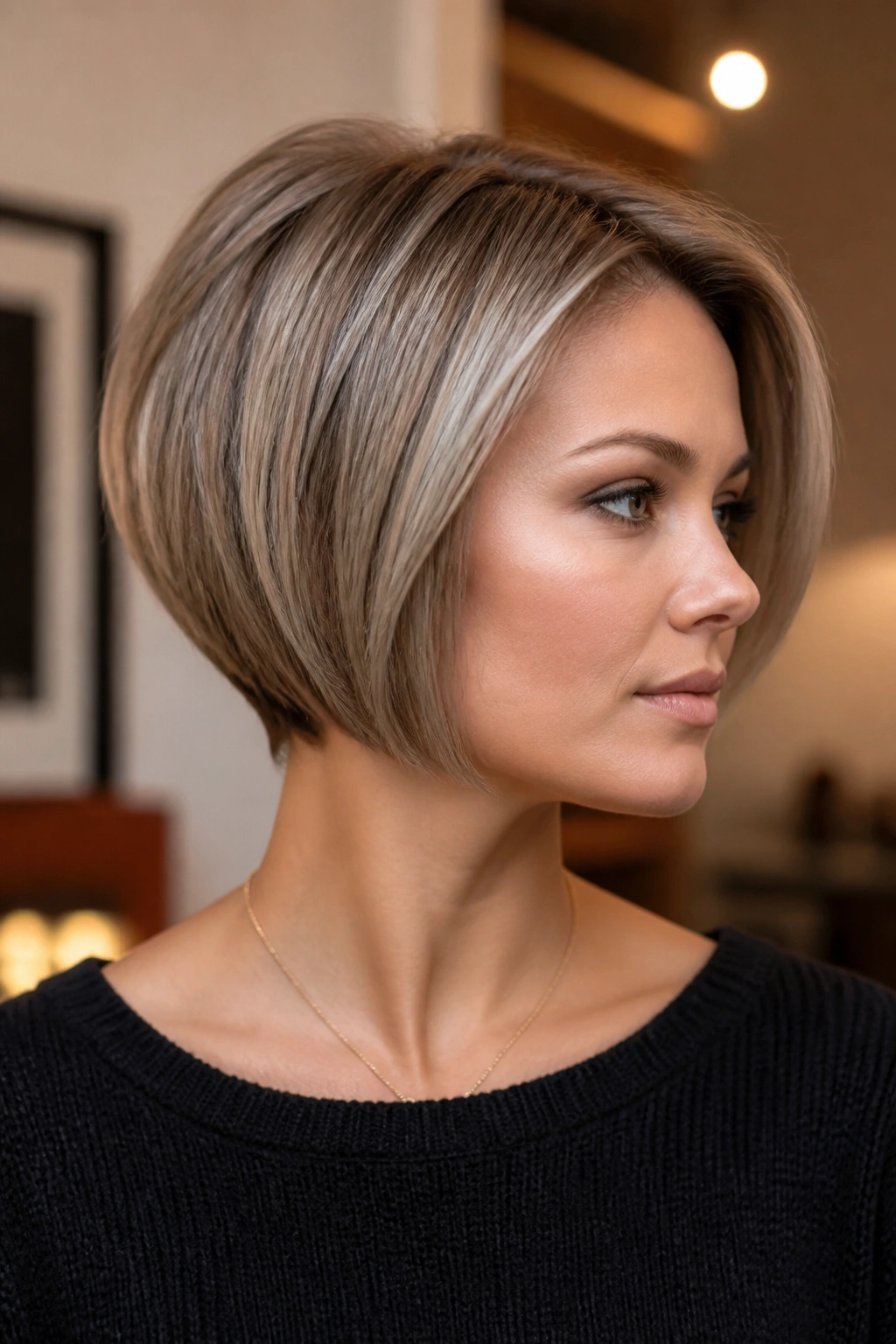 Close-up of a real person with a precision stacked bob and clean geometry.