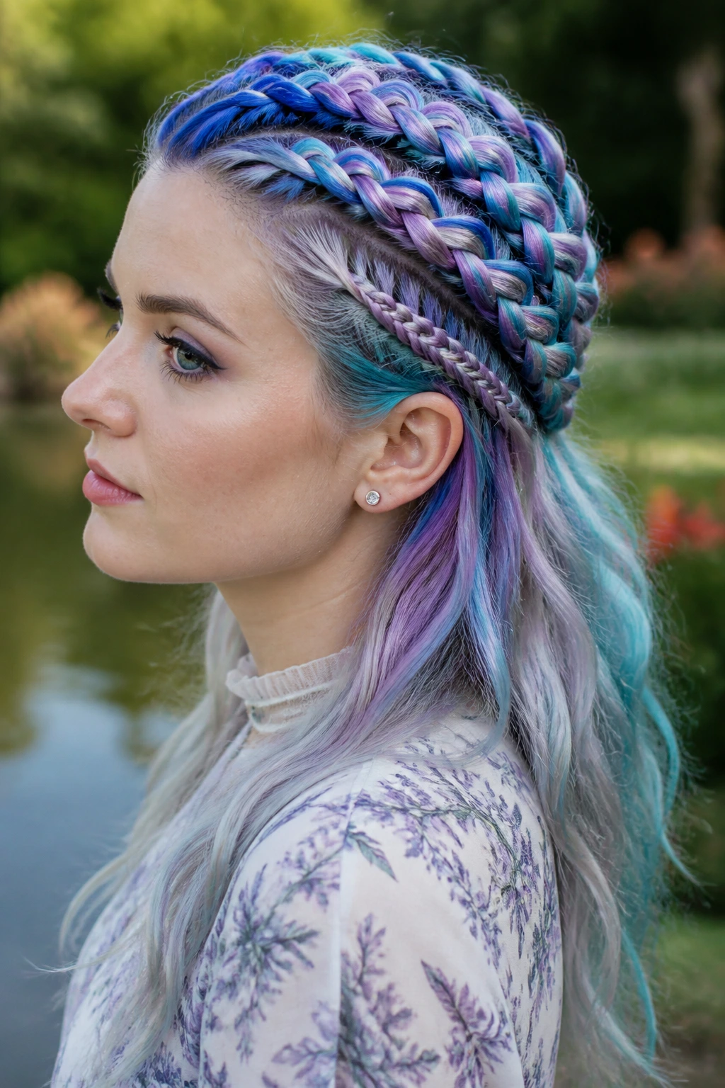 Prism ribbon braids with cobalt lilac silver aqua on real person