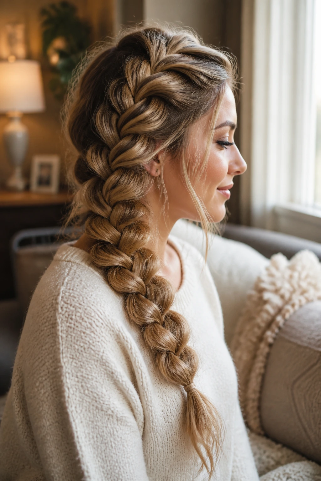 Side portrait of a person with a wide pull-apart braid and airy fullness in a cozy living room.