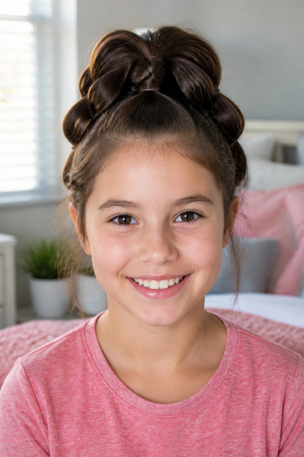 Girl with pull-through braid seen frontally, hair bulky and stacked.