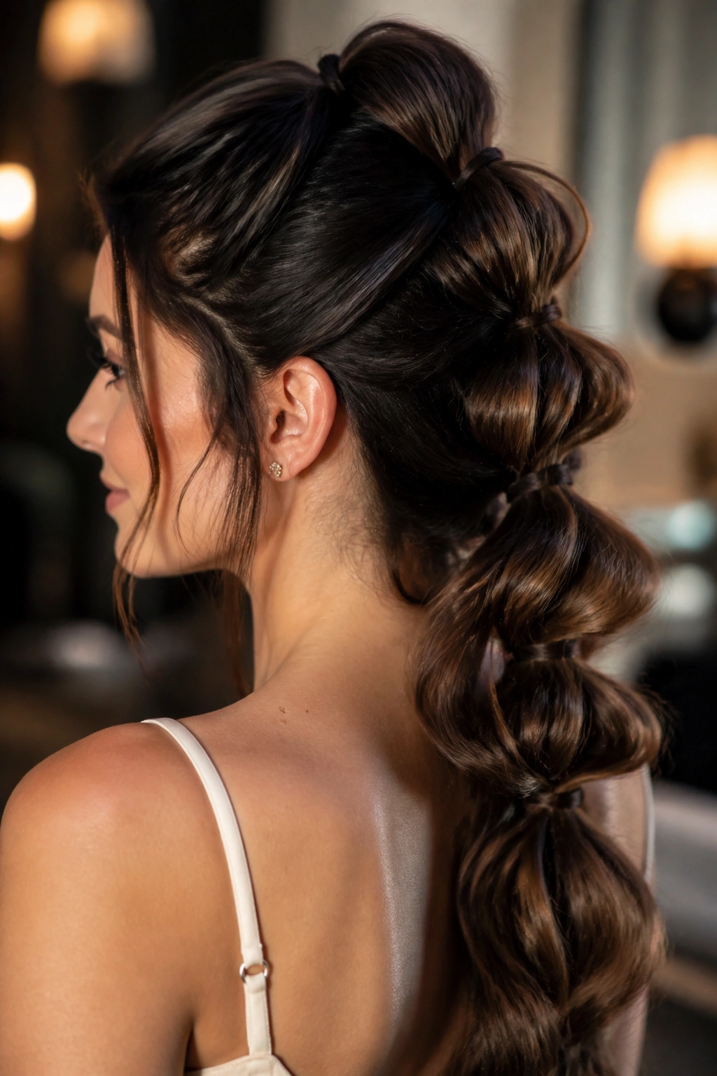 Portrait of a real woman with a pull-through braid along the back of her head