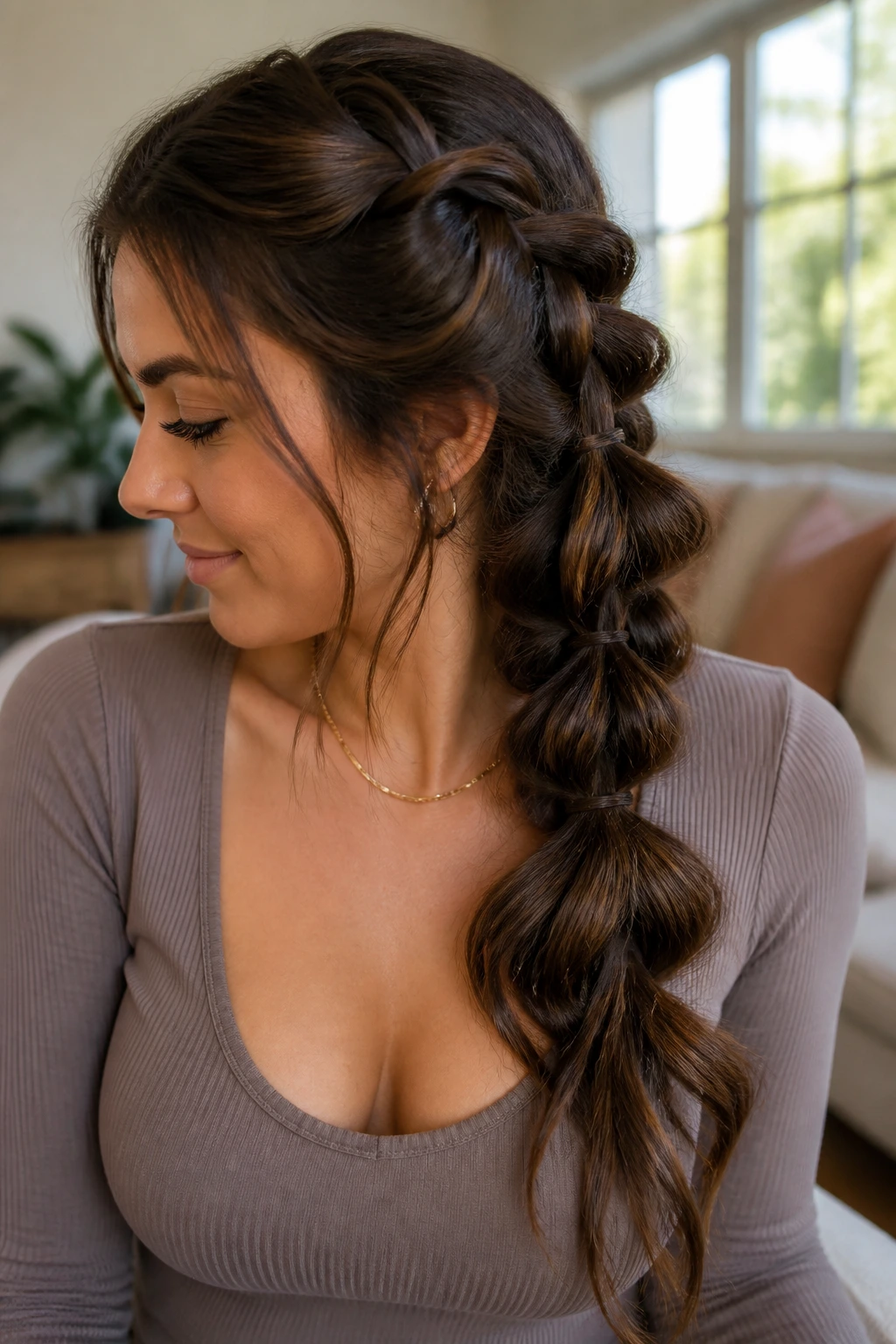 Close-up of a real woman with a pull-through side braid in soft window light