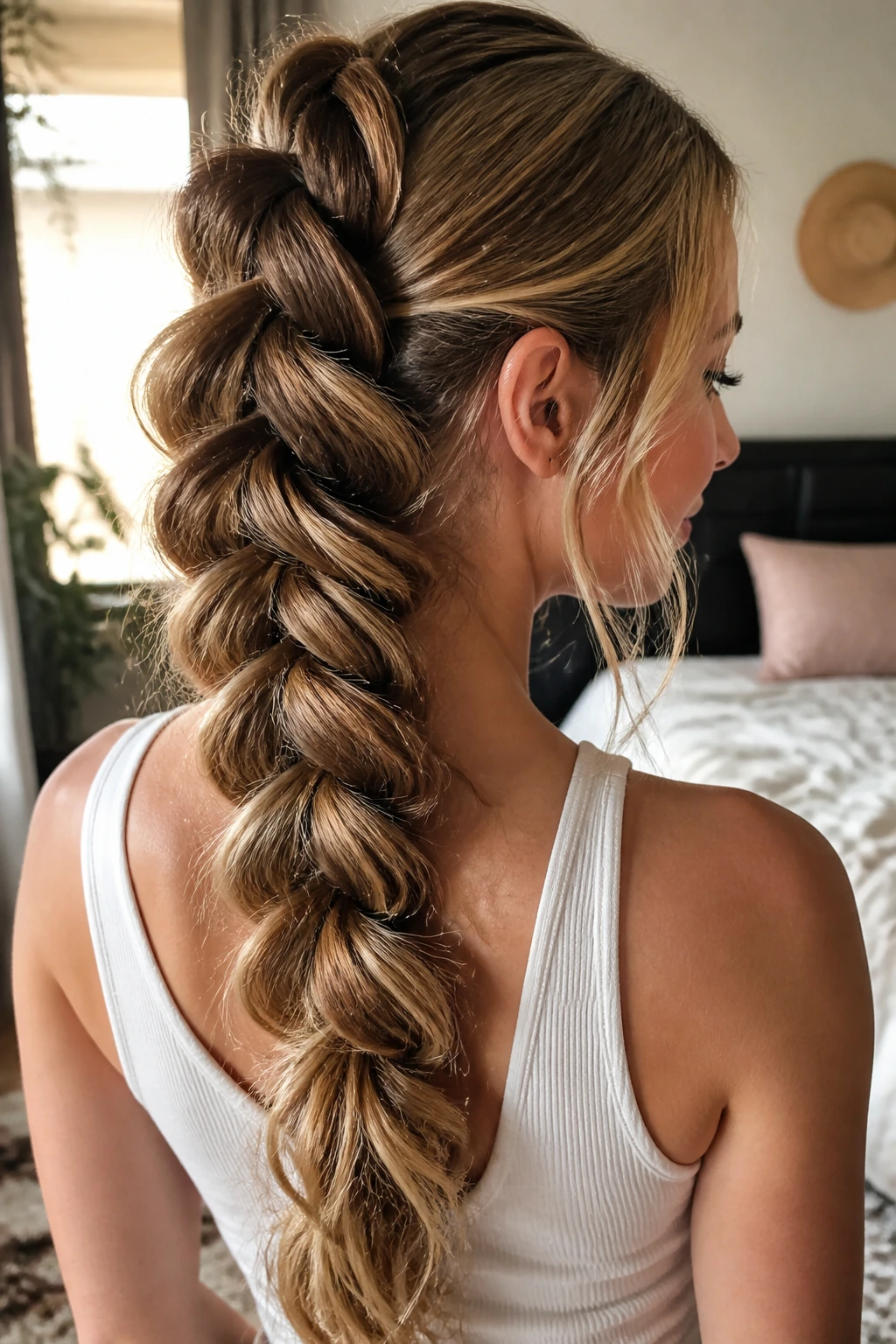 Close-up of a real woman with a voluminous pull-through braid in a cozy bedroom with natural window light