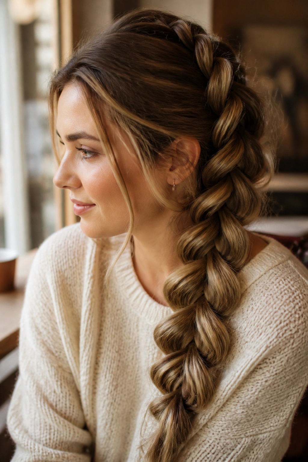 Close-up of real woman's head with a pull-through braid