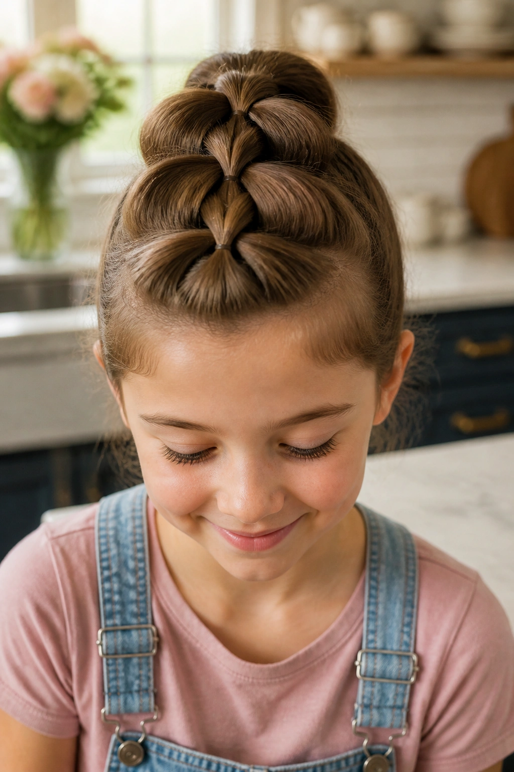 Close-up of real girl with pull-through braid forming loops on crown in a sunny kitchen.