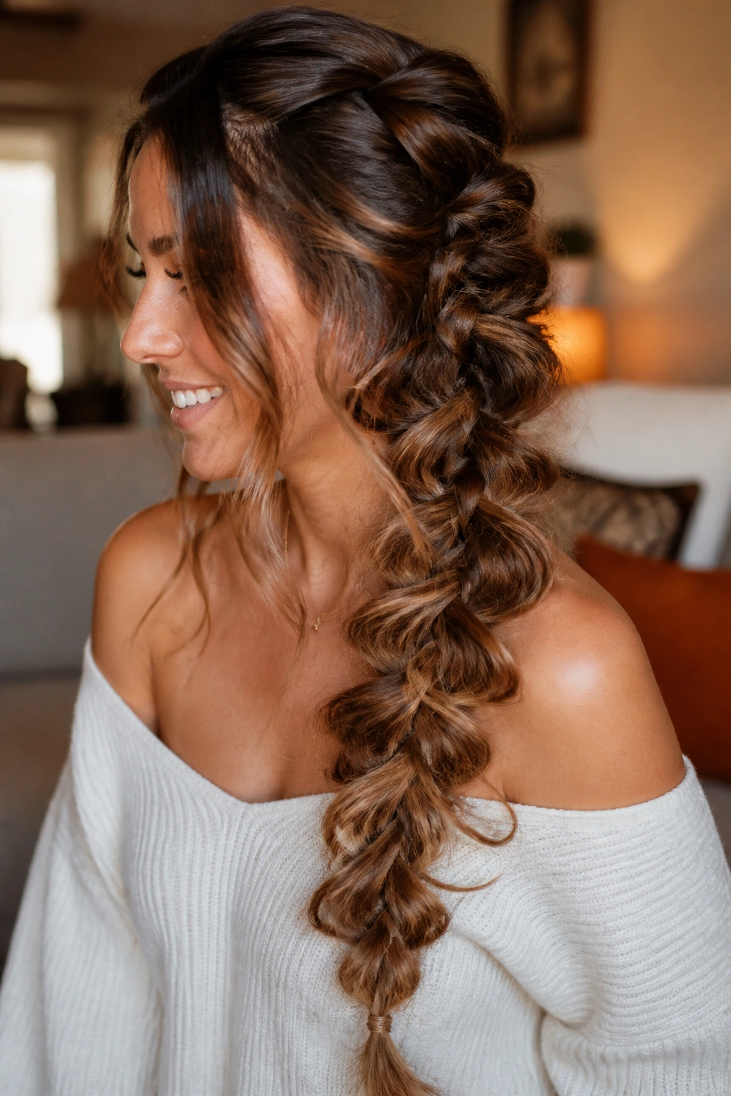Close-up of a real person with a textured pull-through braid