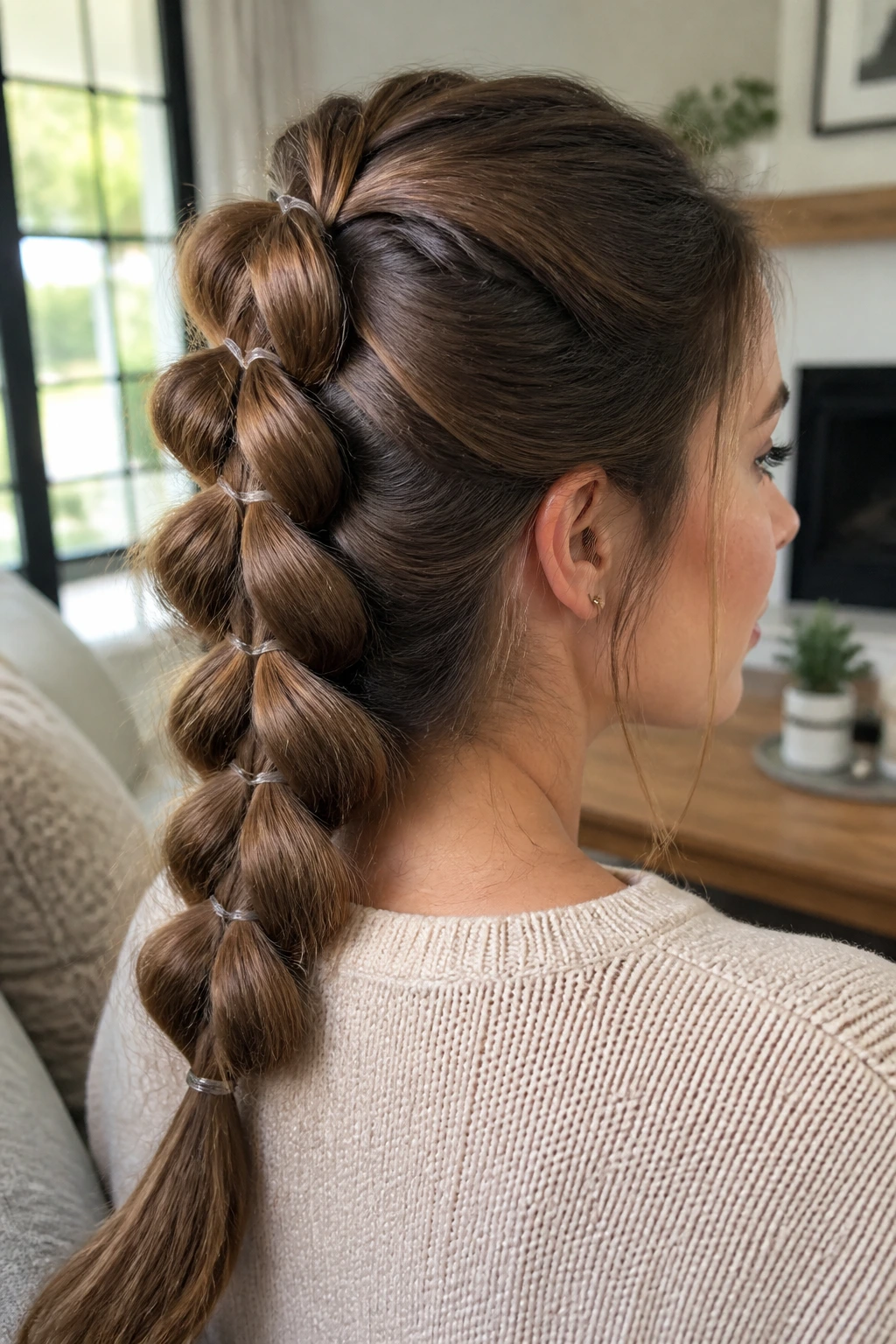 Close-up of a real woman with a pull-through faux braid hairstyle.