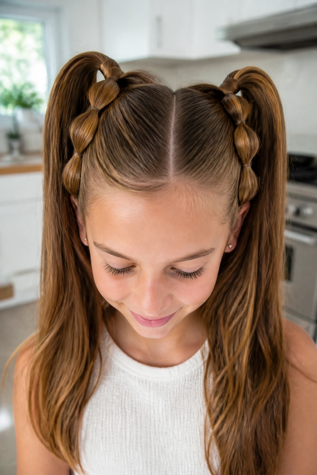 Real girl with pull-through high pigtails in bright kitchen