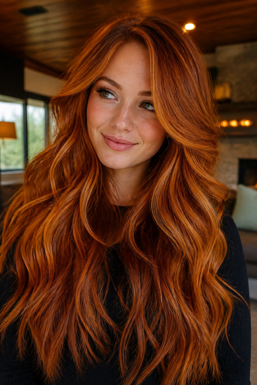Close-up of a real woman with pumpkin copper on thick long hair