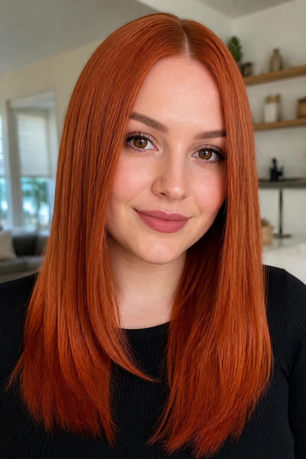 Spiced pumpkin red hair with center part on a real woman