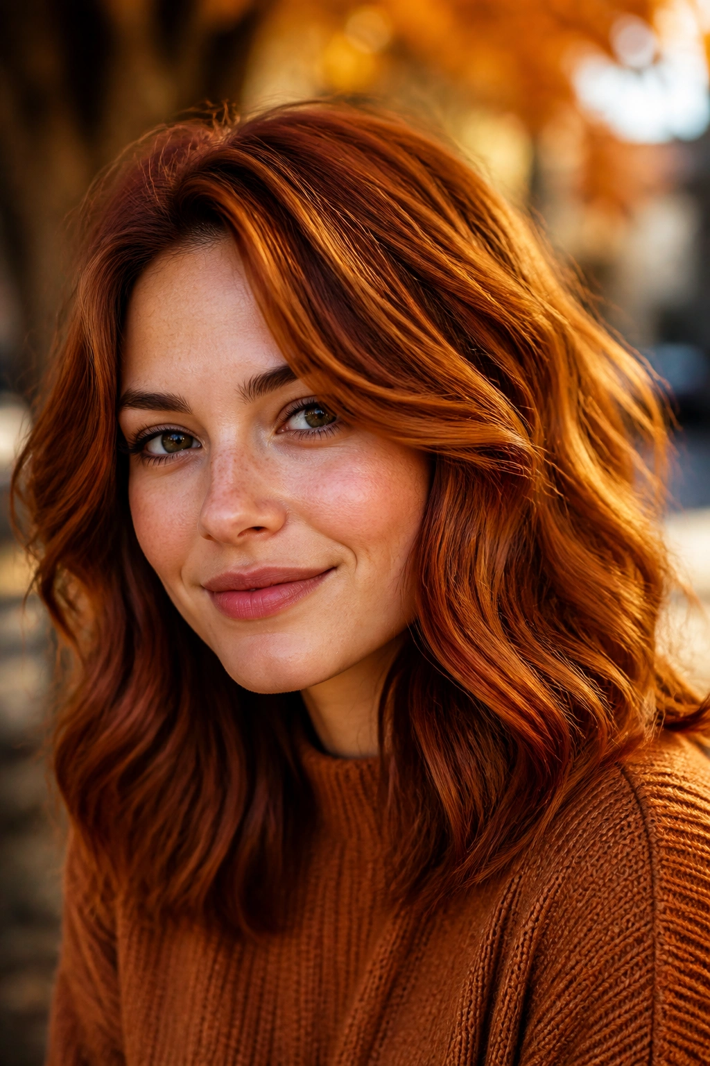Close-up of a real person with pumpkin spice auburn hair in autumn light.