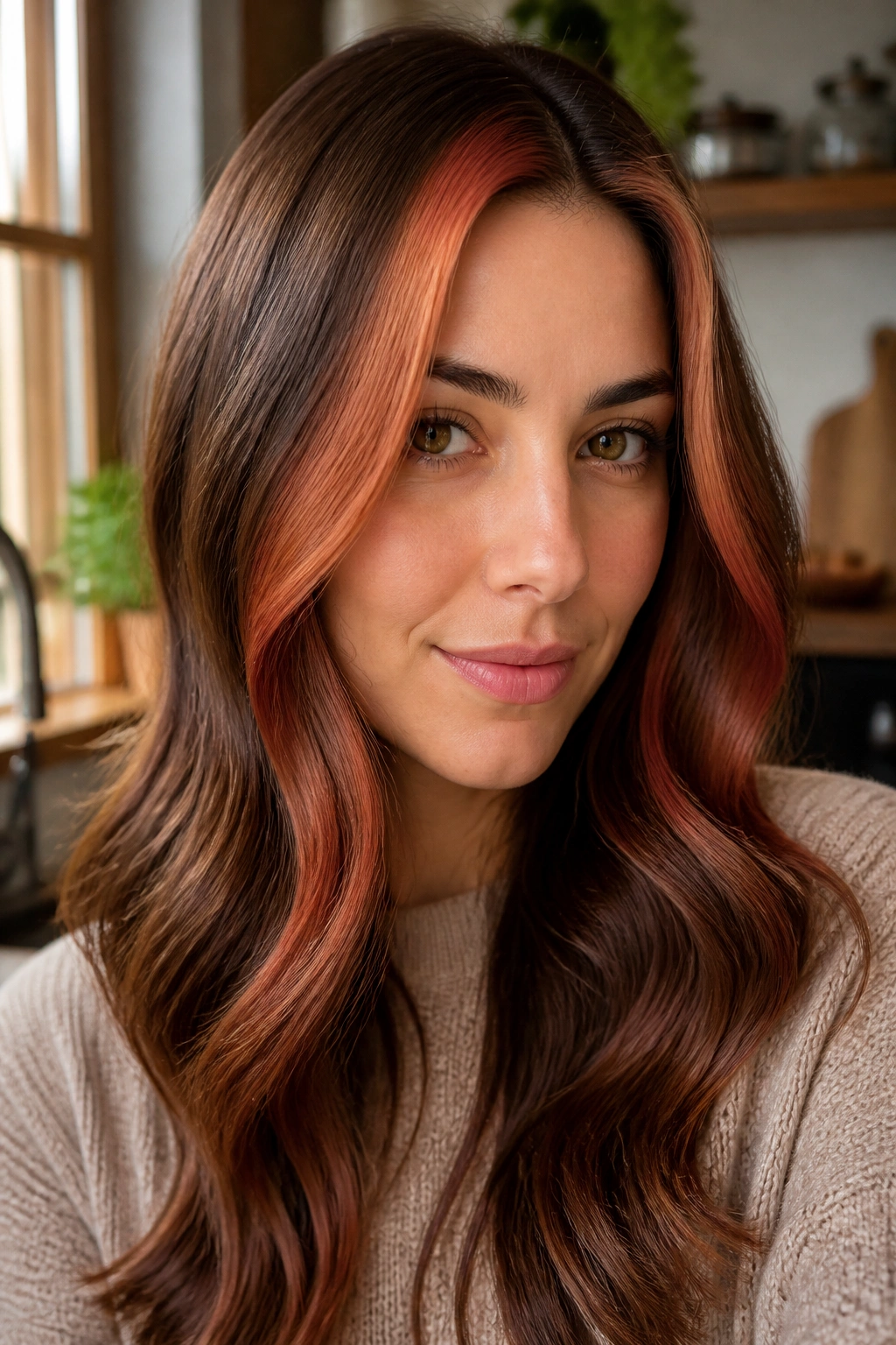 Real woman with pumpkin spice auburn ribbons framing the face on medium brown hair