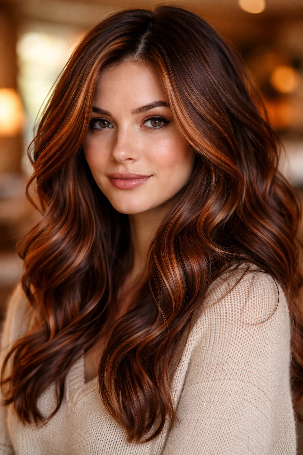 Close-up of a real woman with pumpkin spice highlights on medium-brown hair in warm autumn light