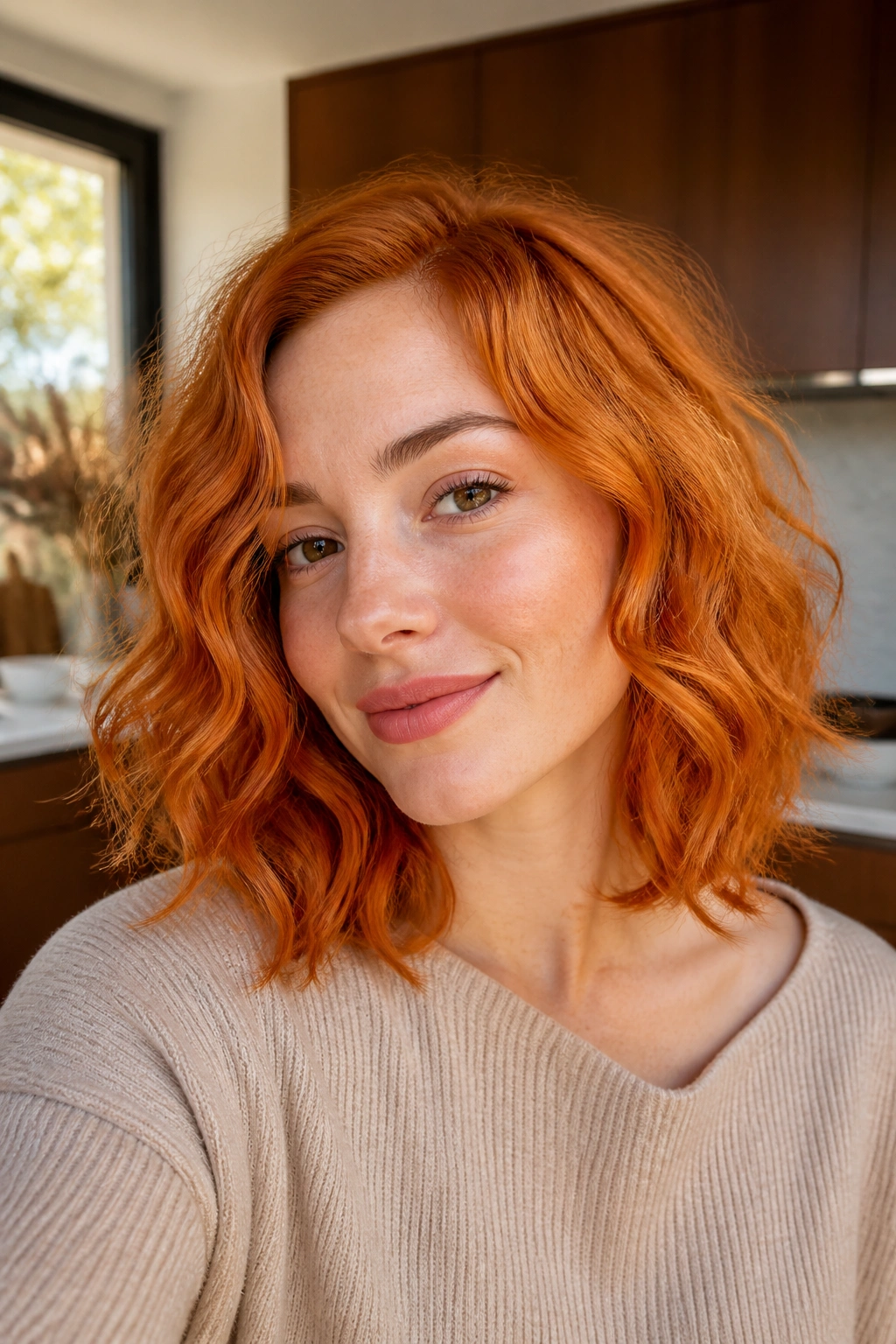 Close-up portrait of a real woman with pumpkin spice lob curls.