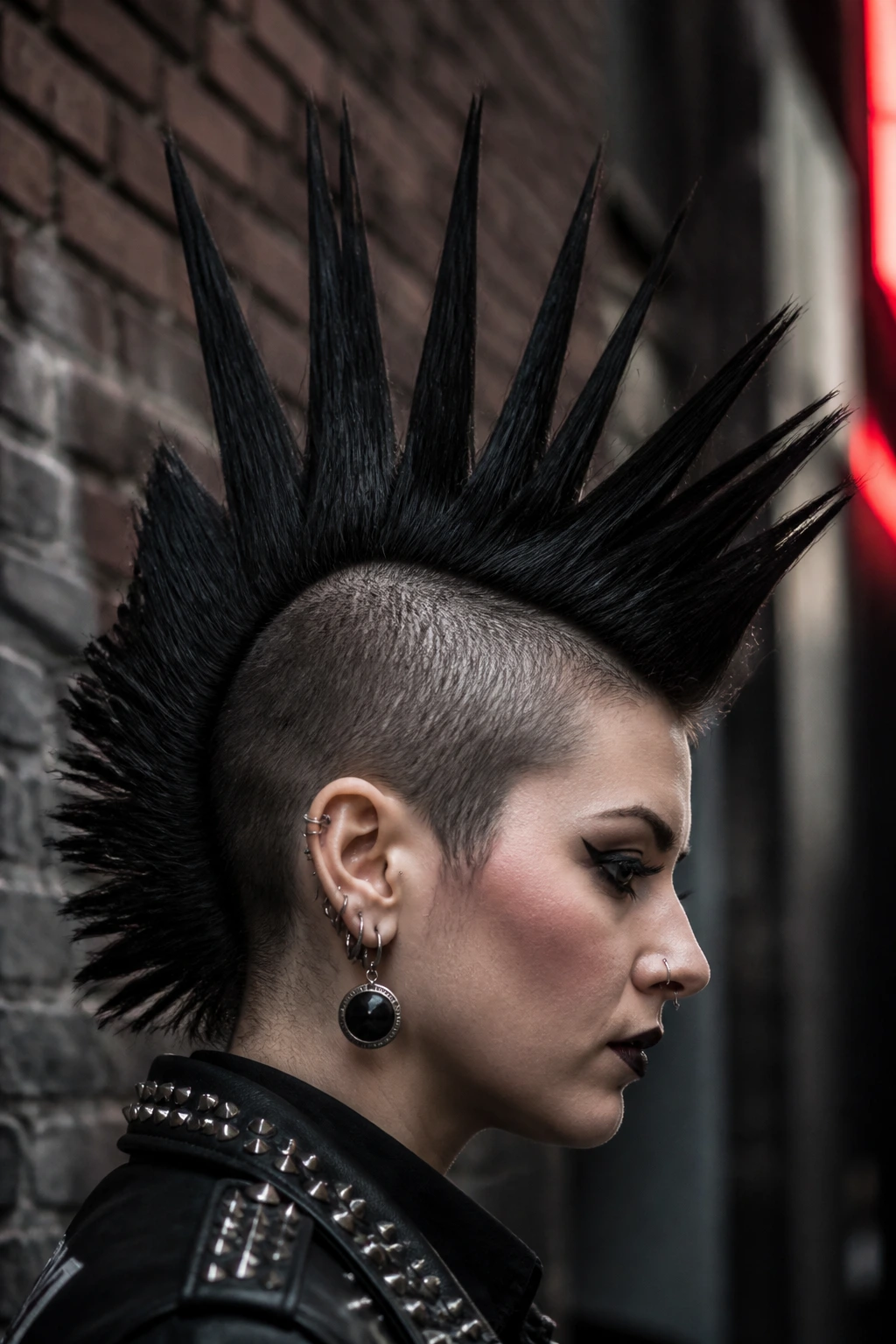 Close-up of a real person with gravity-defying punk spikes in an urban alley