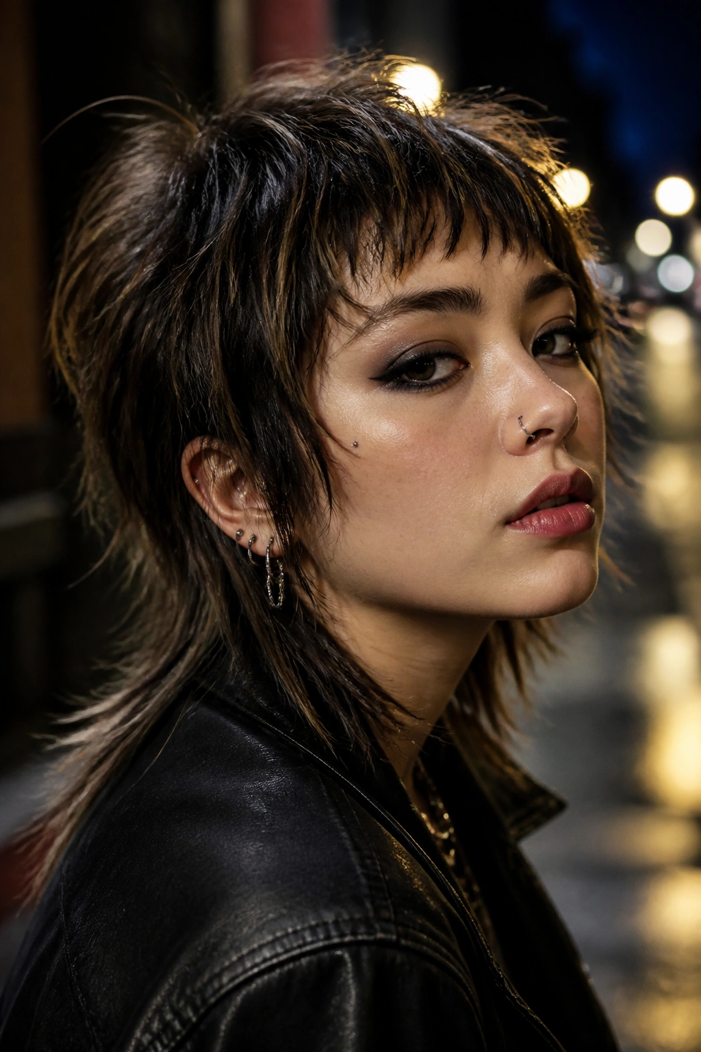 Portrait of a real person with punky textured fairy mullet and choppy bangs on a moody street