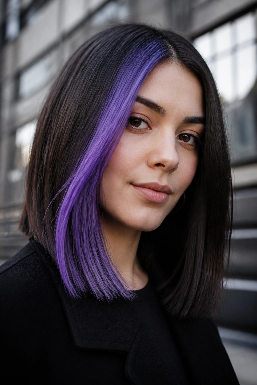 Shoulder-length hair with a single purple panel on one side in an urban setting