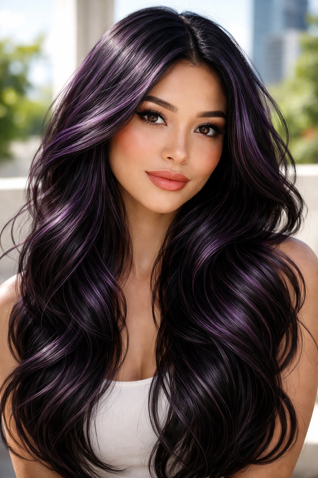 Close-up of a real woman with black hair covered in purple babylights for texture