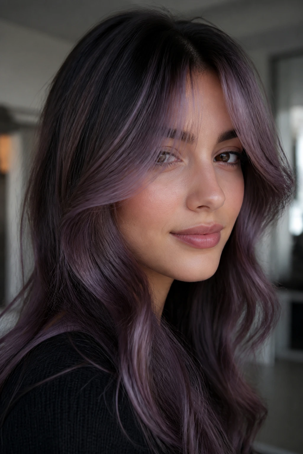Close-up of curtain bangs with purple balayage on brown hair