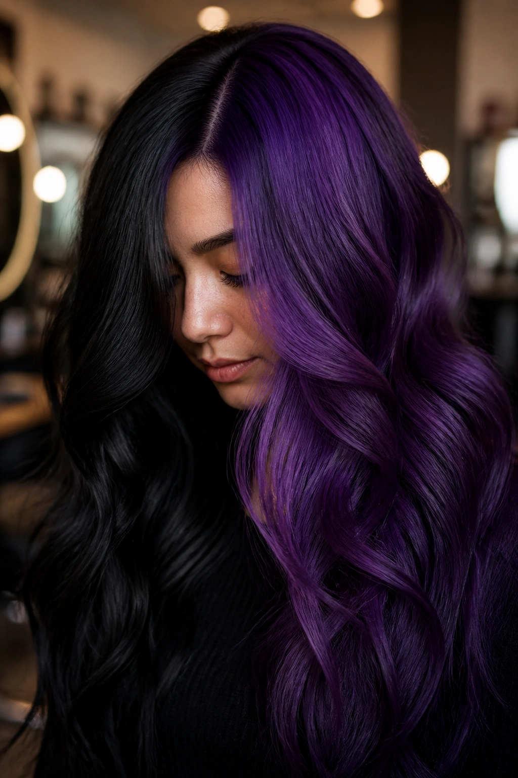 Close-up portrait of a real person showing split-tone purple and black melt hair