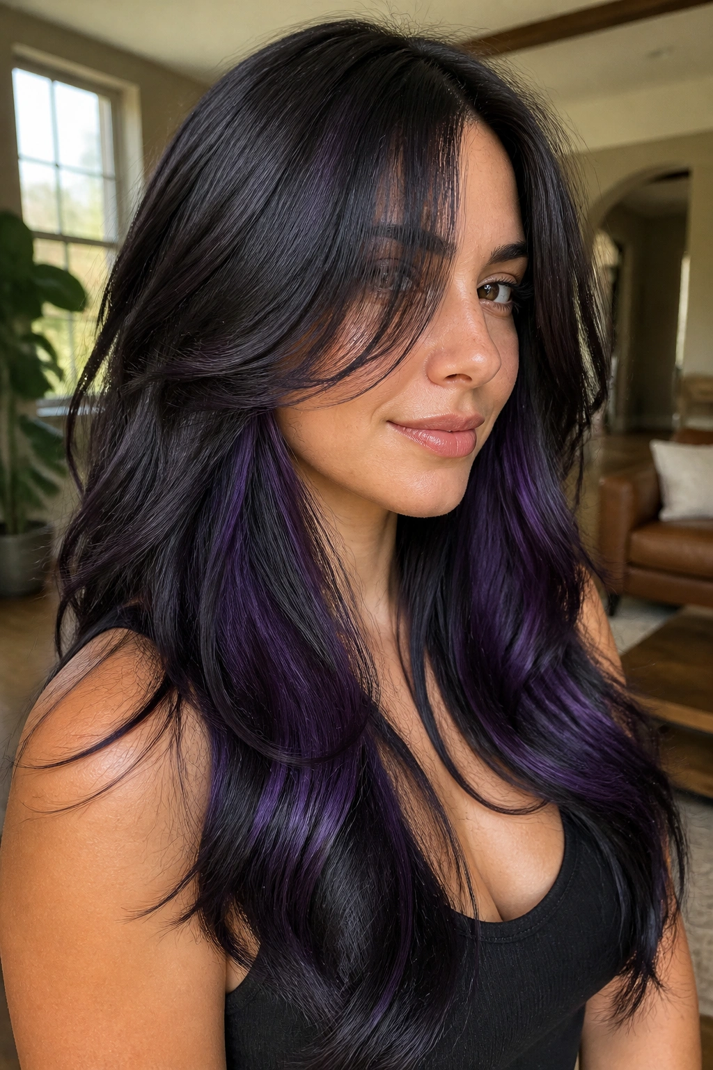 Close-up of a woman showing purple-black peekaboo layers in thick hair