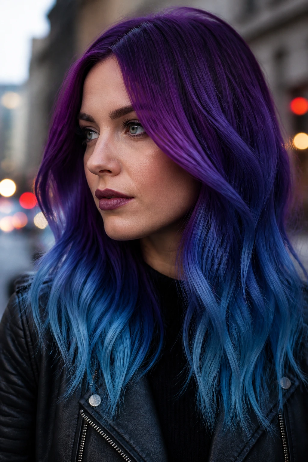 Portrait of a real woman with royal purple hair and blue ends