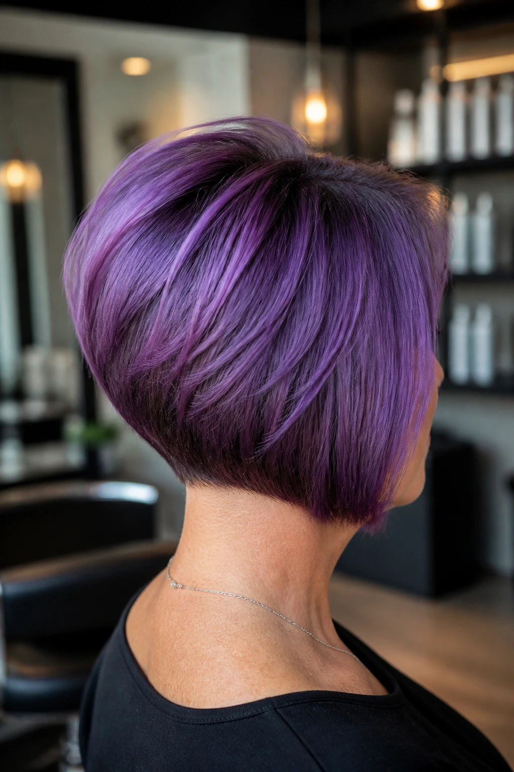 Portrait of a woman with a stacked purple bob and crown lift.