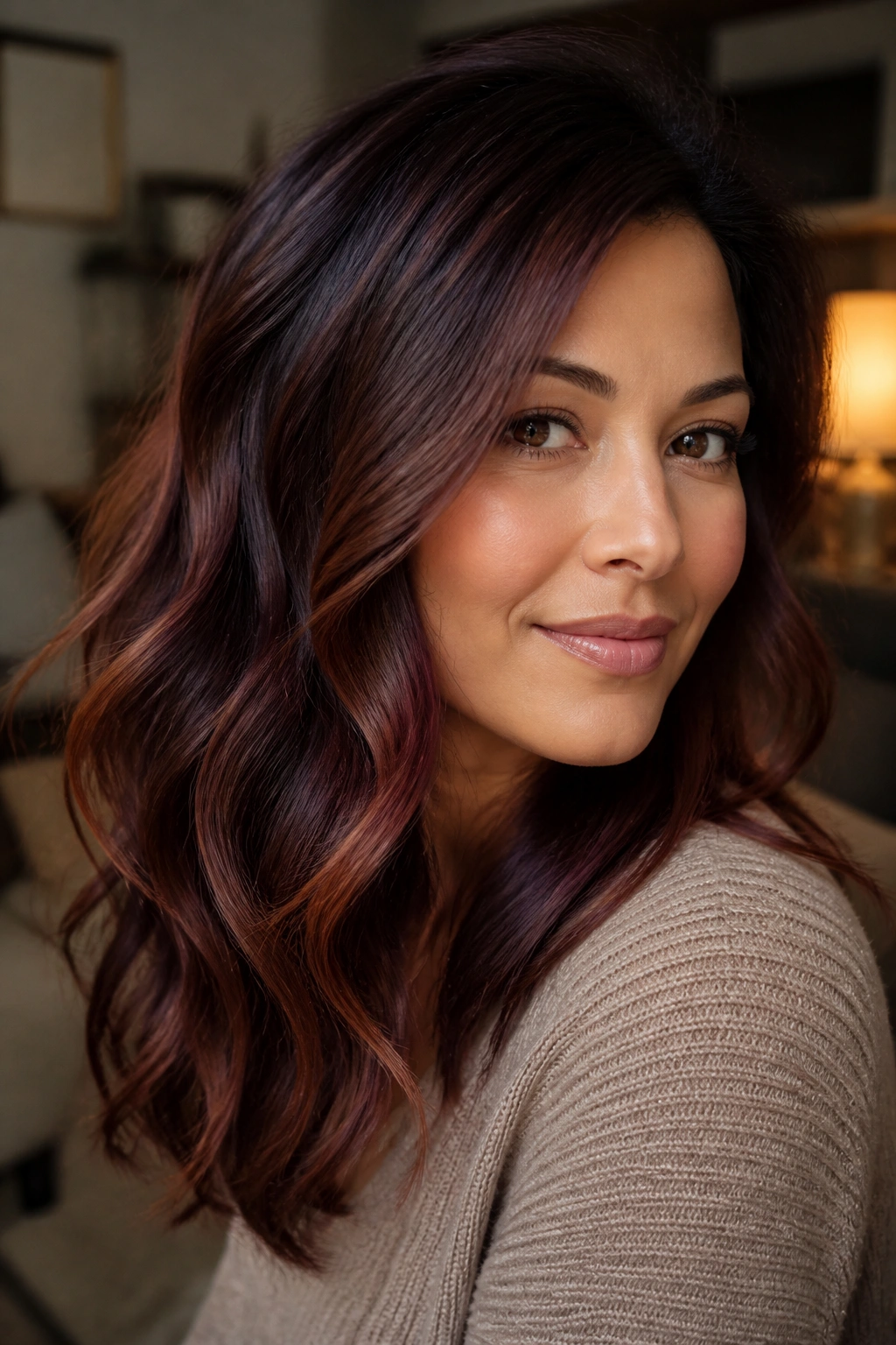 Close-up of warm skin with copper-toned purple-brown hair
