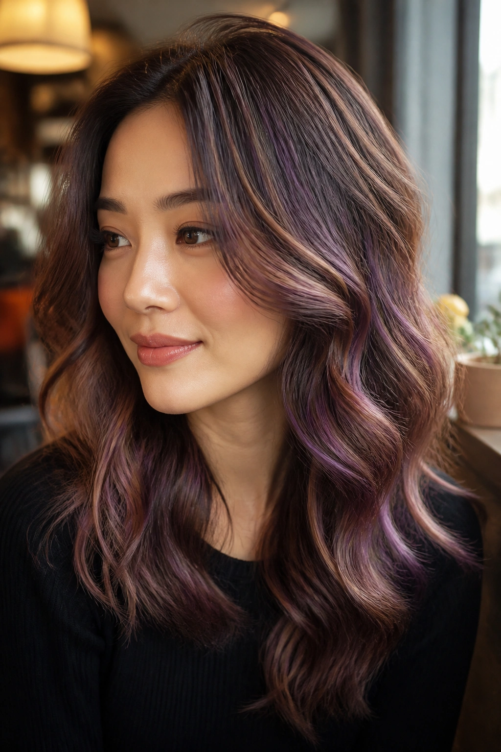 Close-up of a real woman's hair with purple caramel swirl balayage in soft waves by a cafe window