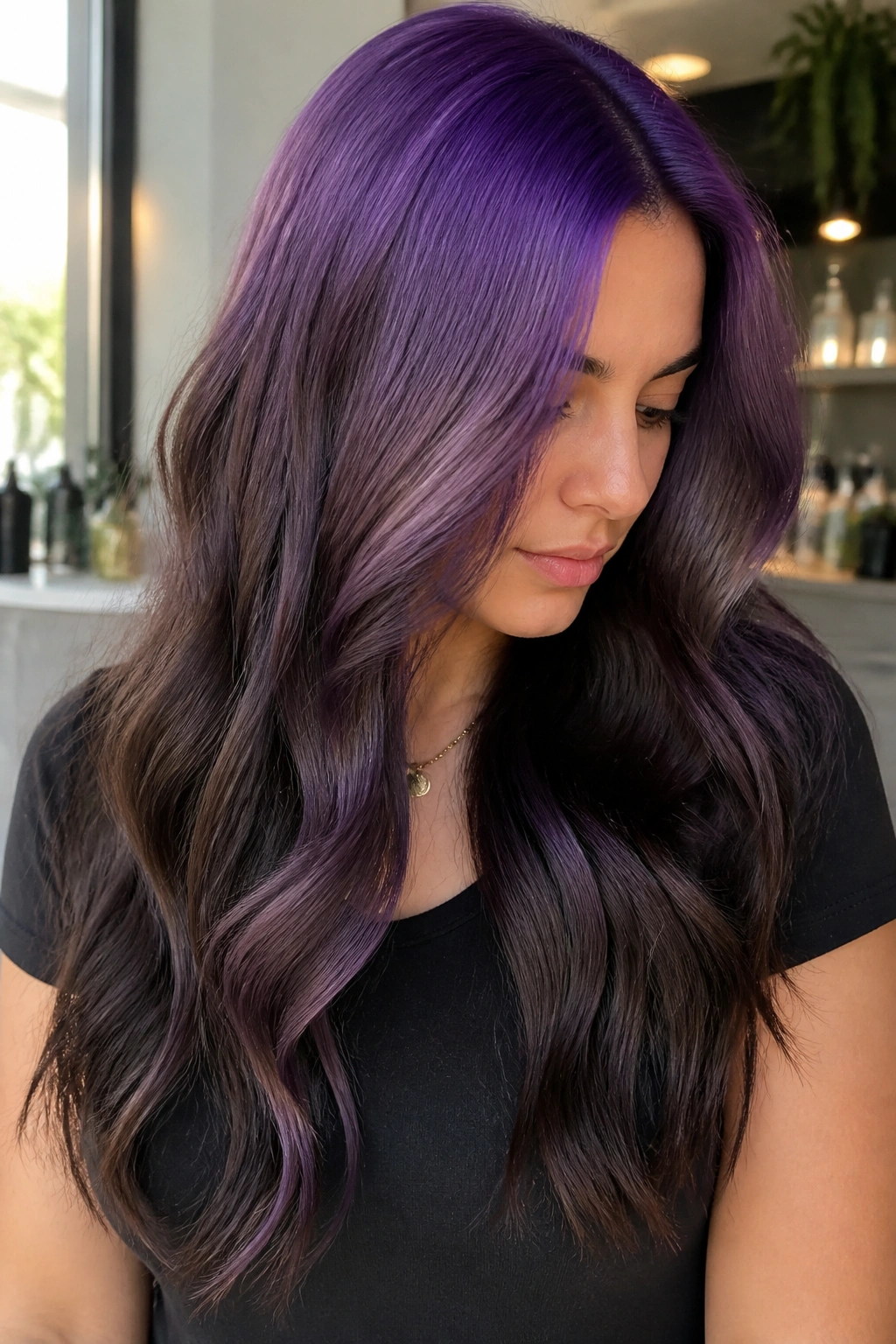 Close-up portrait of a real person with purple at the crown reverse ombre hair