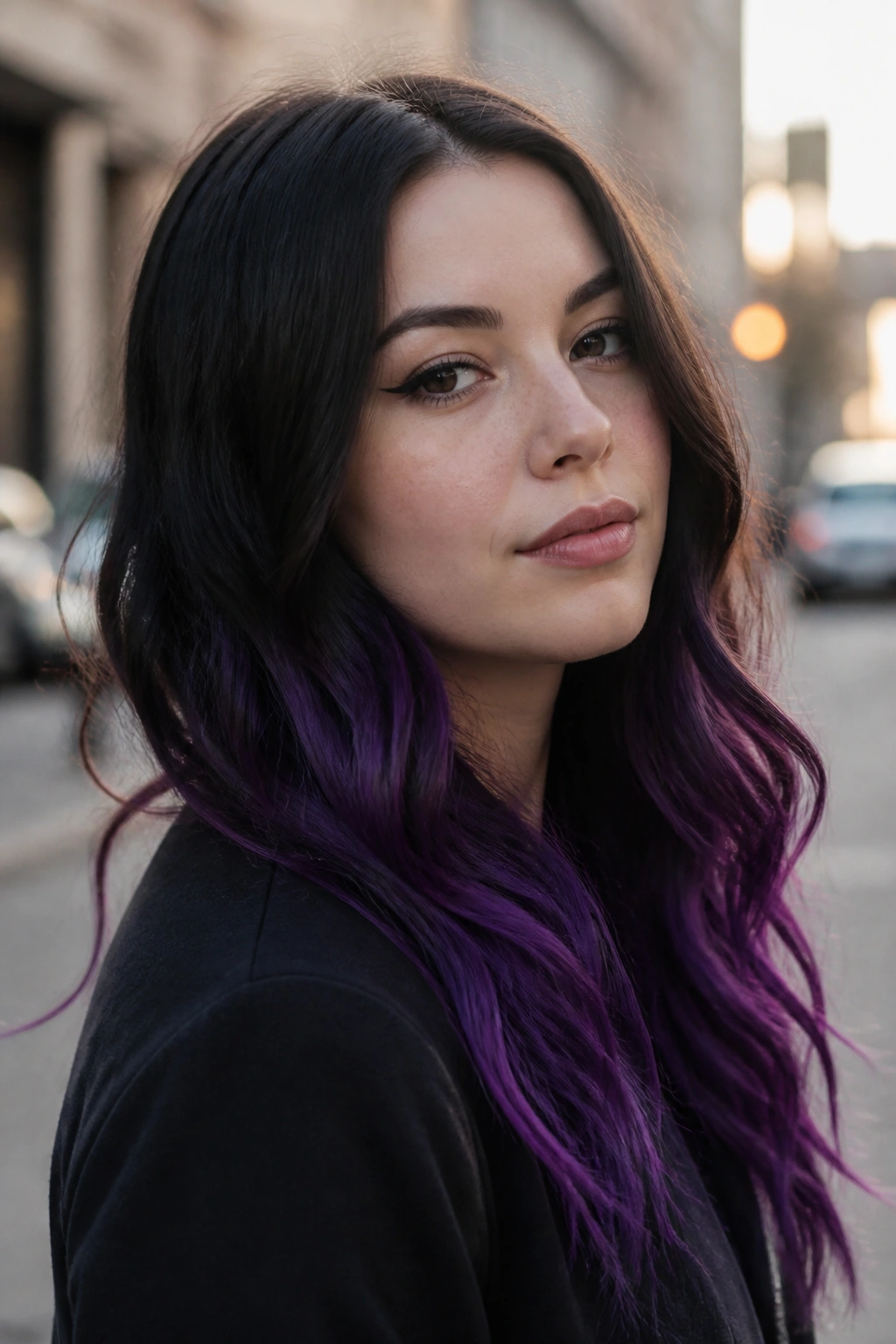 Close-up portrait of a real person with matte black hair and deep purple dip-dye